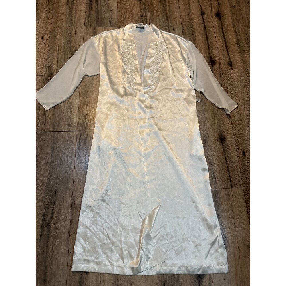 VTG Alexandra Nicole Ivory Satin Beaded Robe Embroidered Front Sheer Sleeves Sma